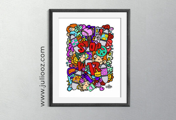 Illustration Stop War Grozieux visages bombes fleurs symboles paix - par Juliooz