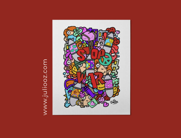 Illustration Stop War Grozieux visages bombes fleurs symboles paix - par Juliooz
