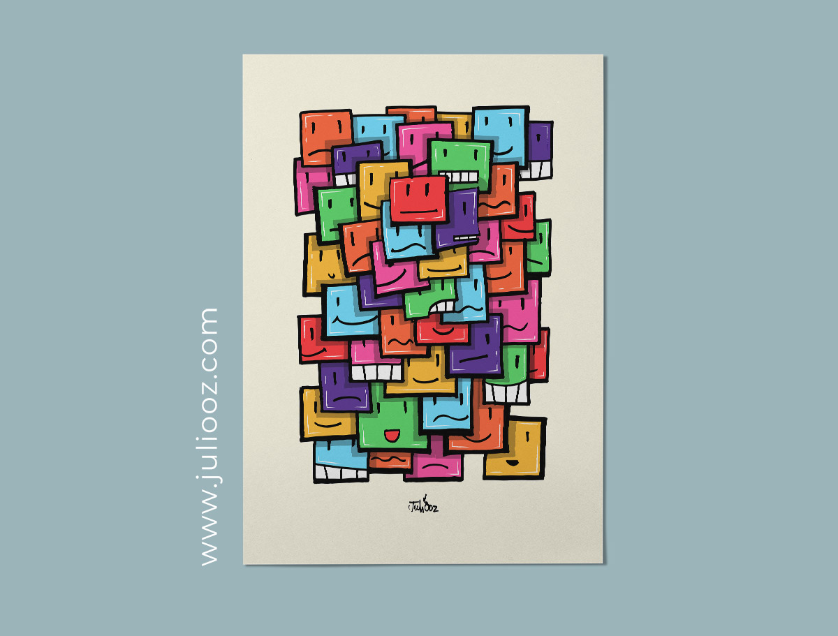 Illustration "Têtes au carré" – Art contemporain - Cubes expressifs colorés à télécharger par Juliooz