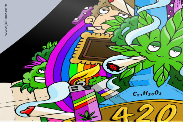 Illustration WEEDART Grozieux cannabis feuille yeux joint fumée 420 - par Juliooz