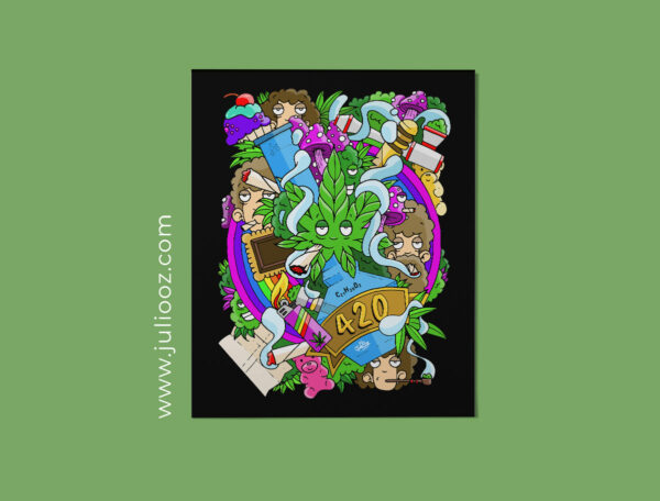 Illustration WEEDART Grozieux cannabis feuille yeux joint fumée 420 - par Juliooz