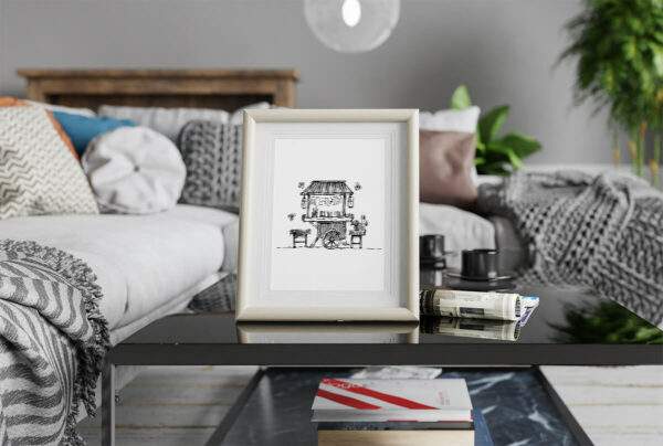 Illustration "Yatai" – Échoppe japonaise minimaliste en noir et blanc par Juliooz