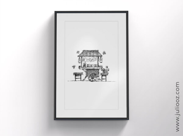 Illustration "Yatai" – Échoppe japonaise minimaliste en noir et blanc par Juliooz