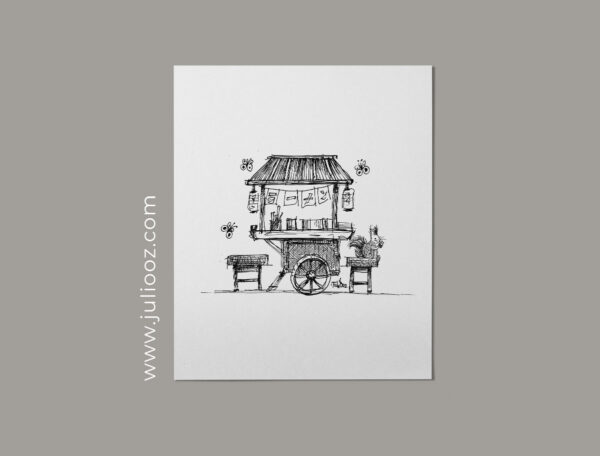Illustration "Yatai" – Échoppe japonaise minimaliste en noir et blanc par Juliooz