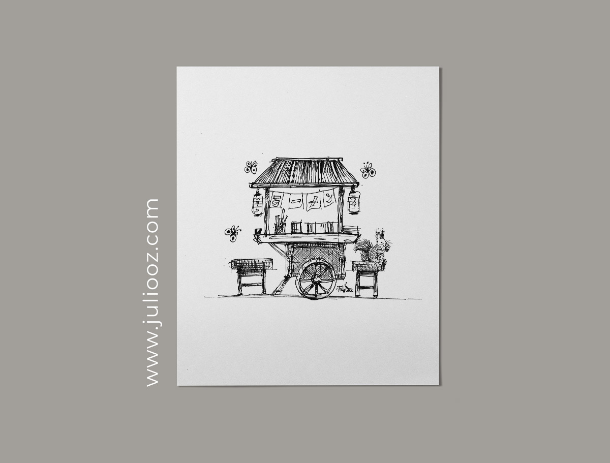 Illustration "Yatai" – Échoppe japonaise minimaliste en noir et blanc par Juliooz