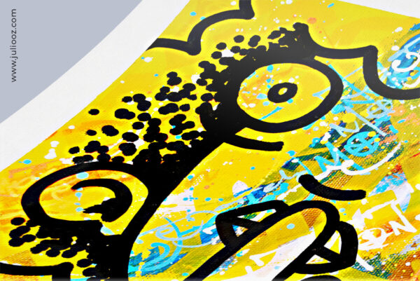 Tableau Conspiration Grozieux chuchotant avec fond calligraphié jaune et bleu - Par Juliooz