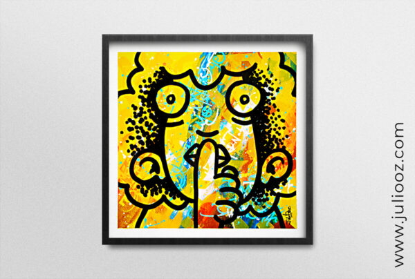 Tableau Conspiration Grozieux chuchotant avec fond calligraphié jaune et bleu - Par Juliooz