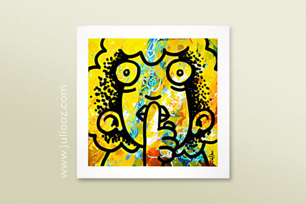 Tableau Conspiration Grozieux chuchotant avec fond calligraphié jaune et bleu - Par Juliooz