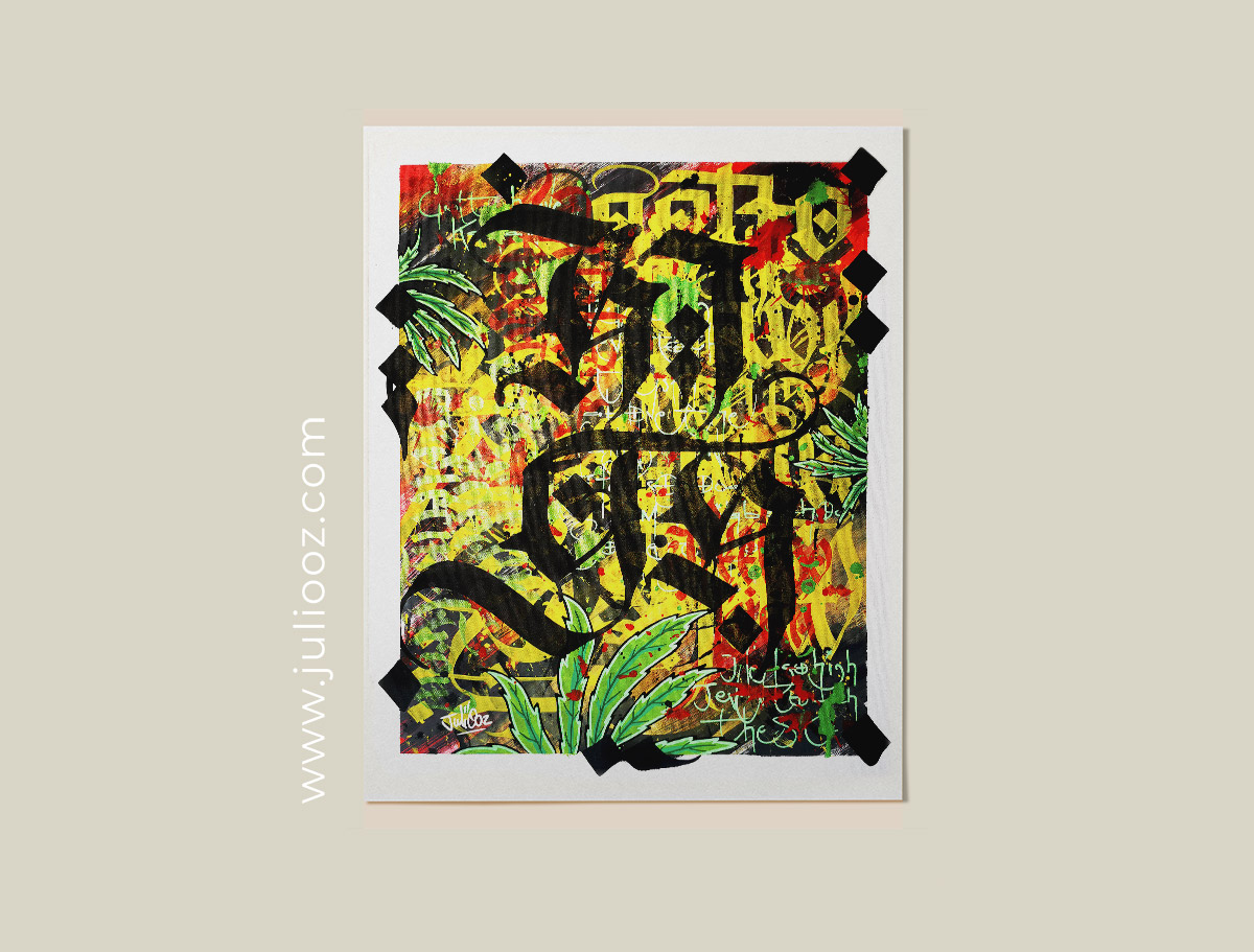 Œuvre street-art “High” par Juliooz – Calligraphie gothique et graffiti en HD