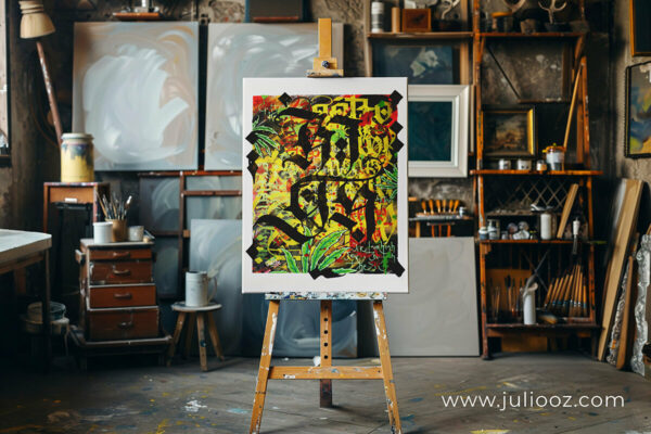 Œuvre street-art “High” par Juliooz – Calligraphie gothique et graffiti en HD