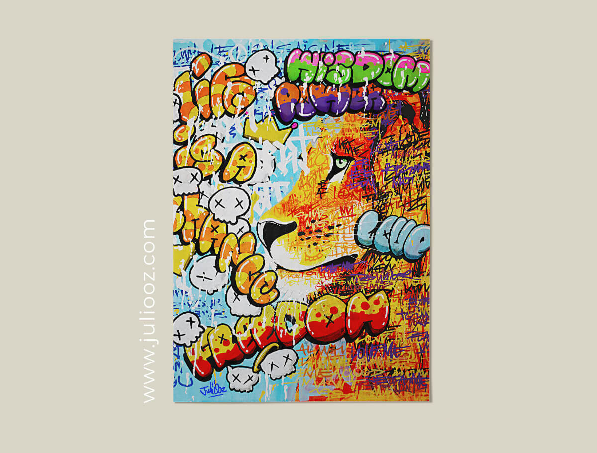 Œuvre street-art “Le lion saigne” – illustration graffiti et calligraphie par Juliooz