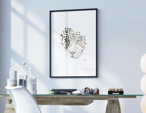 Illustration léopard des neiges noir et blanc avec yeux bleus – Juliooz