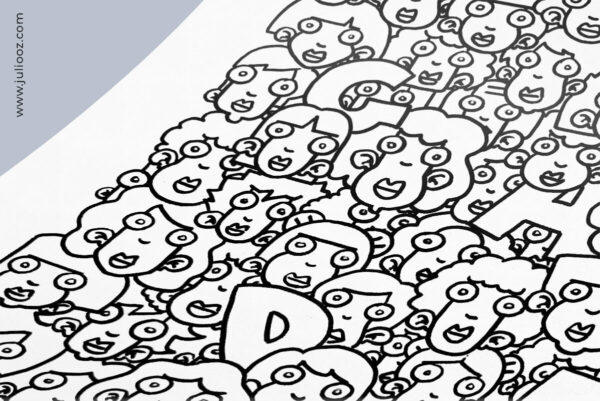 Illustration Multitude Grozieux contours noirs superposés sur fond blanc avec lettres "REGARDE" par Juliooz