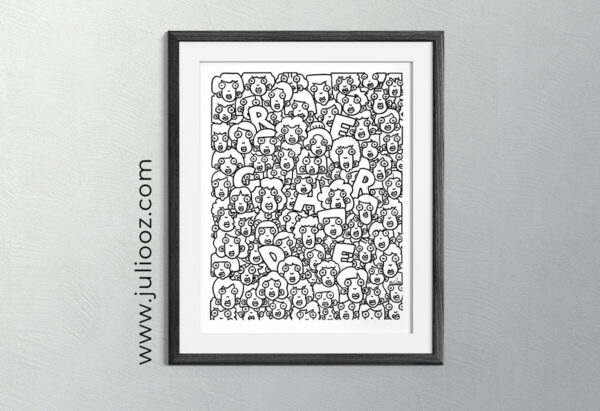 Illustration Multitude Grozieux contours noirs superposés sur fond blanc avec lettres "REGARDE" par Juliooz
