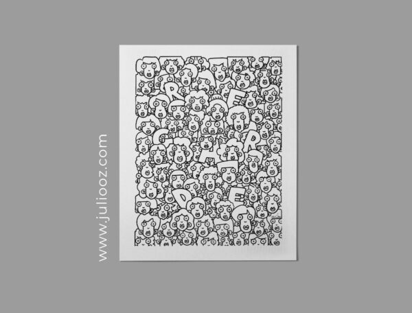 Illustration Multitude Grozieux contours noirs superposés sur fond blanc avec lettres "REGARDE" par Juliooz