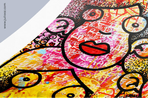 Tableau Oeil de garde Grozieux 4 visages rouges sur fond dégradé rose jaune bleu avec graffiti blanc - par Juliooz