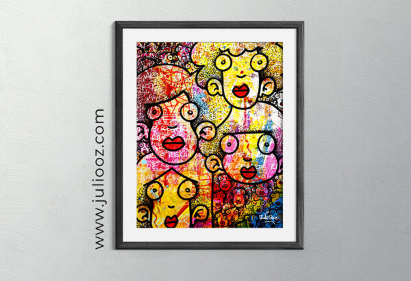 Tableau Oeil de garde Grozieux 4 visages rouges sur fond dégradé rose jaune bleu avec graffiti blanc - par Juliooz