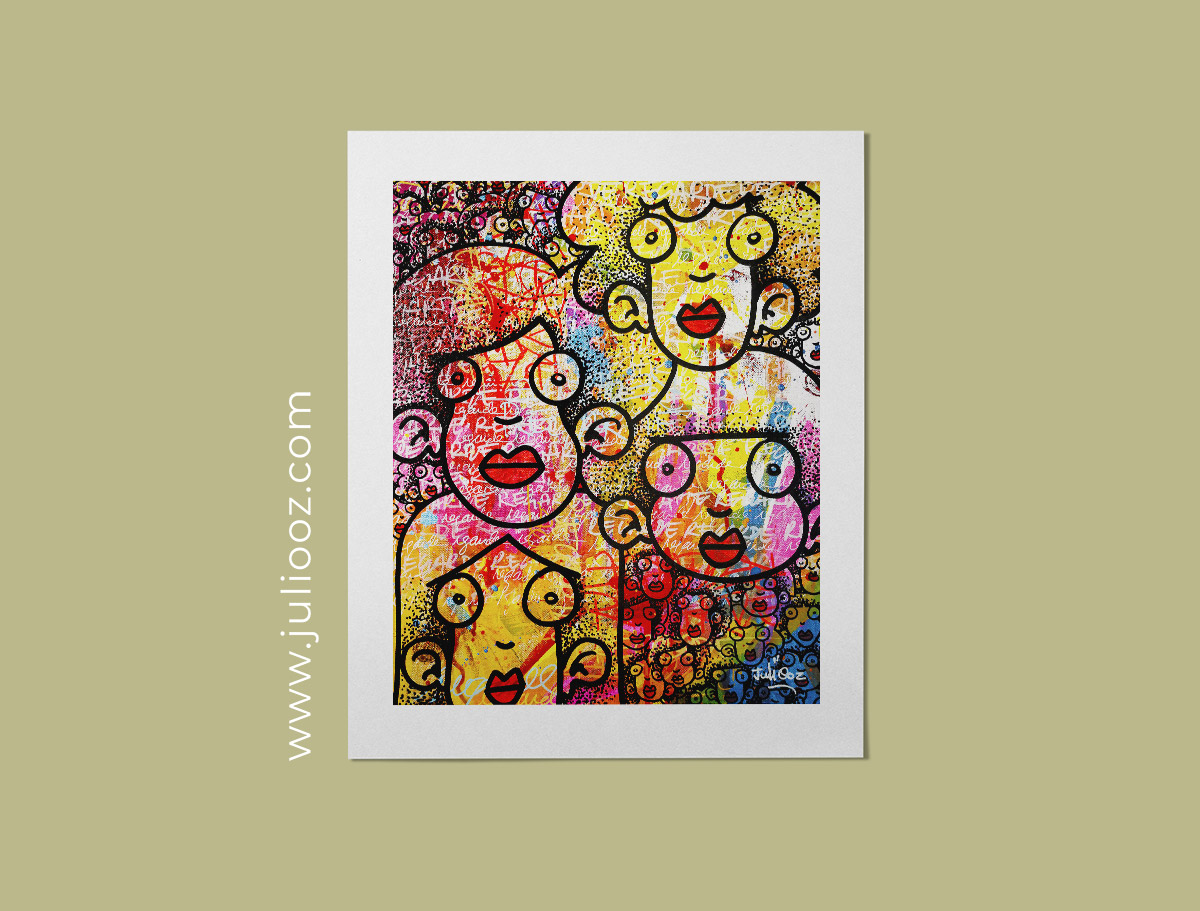 Tableau Oeil de garde Grozieux 4 visages rouges sur fond dégradé rose jaune bleu avec graffiti blanc - par Juliooz