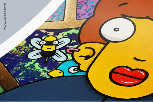 Tableau Pas folle la guêpe Grozieux jaune fond street art coloré avec abeilles stylisées de Juliooz