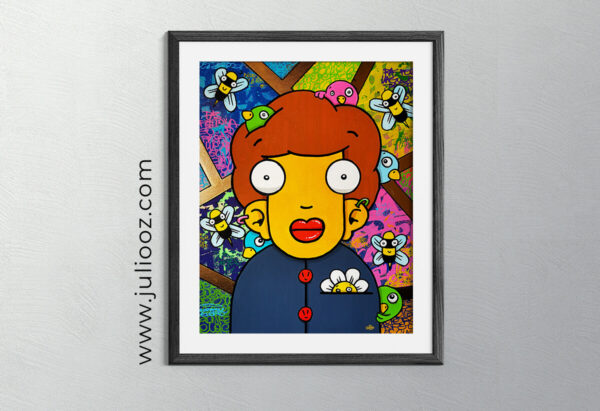 Tableau Pas folle la guêpe Grozieux jaune fond street art coloré avec abeilles stylisées de Juliooz