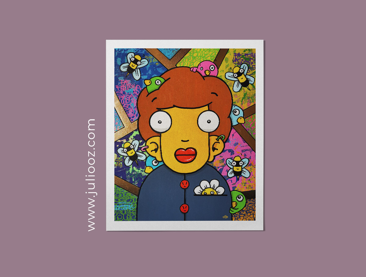 Tableau Pas folle la guêpe Grozieux jaune fond street art coloré avec abeilles stylisées de Juliooz