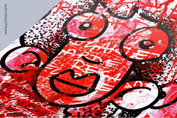 Tableau PINKIZ Grozieux rouge et blanc effet déchiré graffiti visages de Juliooz