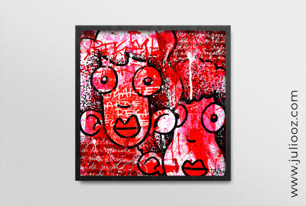 Tableau PINKIZ Grozieux rouge et blanc effet déchiré graffiti visages de Juliooz