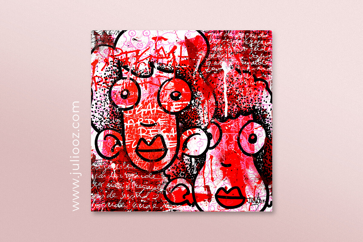 Tableau PINKIZ Grozieux rouge et blanc effet déchiré graffiti visages de Juliooz