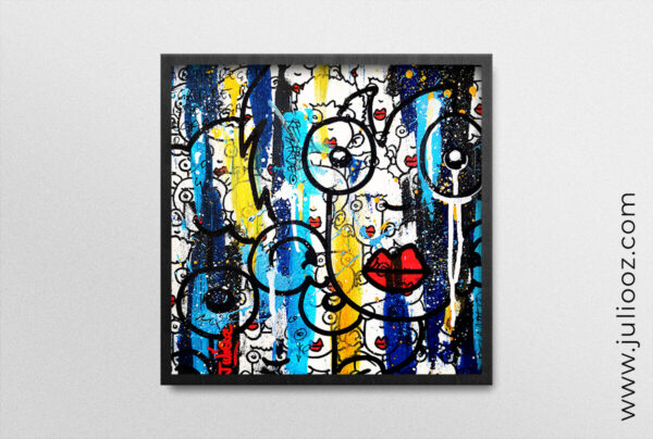 Tableau REGARDE Grozieux bleu blanc or graffiti lèvres rouges - de Juliooz
