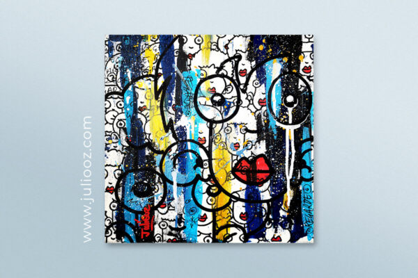 Tableau REGARDE Grozieux bleu blanc or graffiti lèvres rouges - de Juliooz