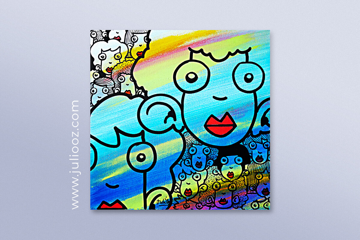 Tableau Rêve encore Grozieux fond bleu dégradé visages street art - de Juliooz