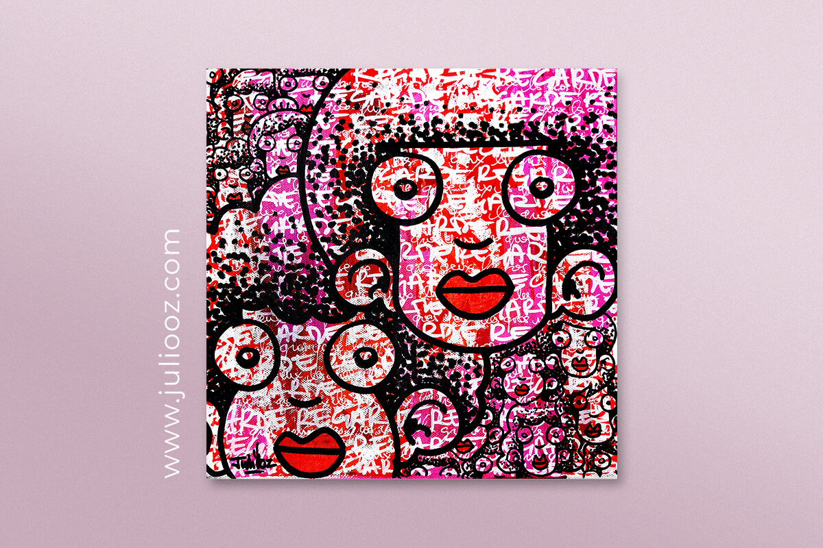 Tableau TAGADA Grozieux rouge rose graffiti visages de Juliooz