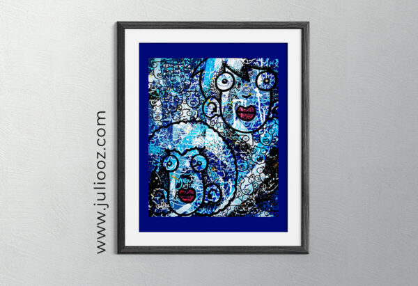 Tableau Viens voir la mer Grozieux bleu blanc graffiti visages - Par Juliooz