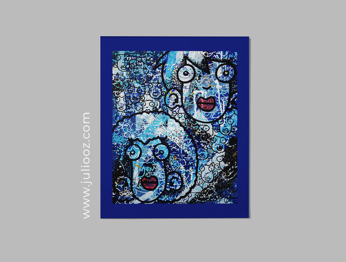 Tableau Viens voir la mer Grozieux bleu blanc graffiti visages - Par Juliooz