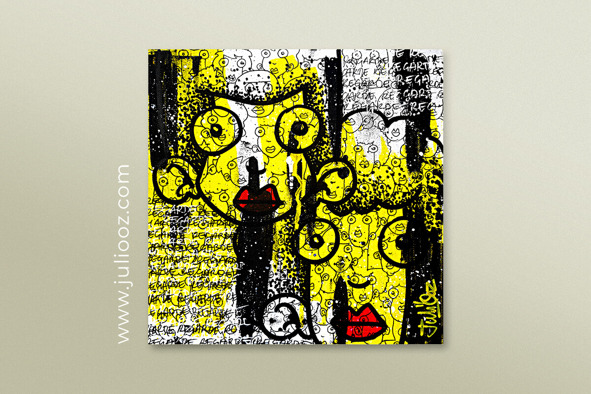 Tableau YELLOZ Grozieux street art jaune blanc graffiti REGARDE noir signée Juliooz